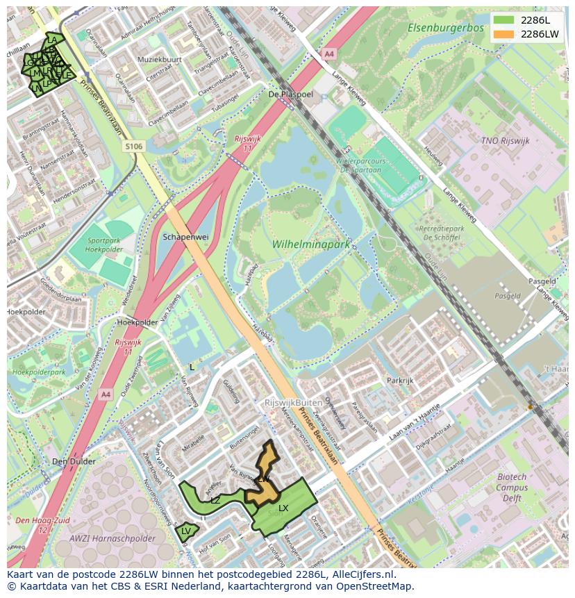 Afbeelding van het postcodegebied 2286 LW op de kaart.