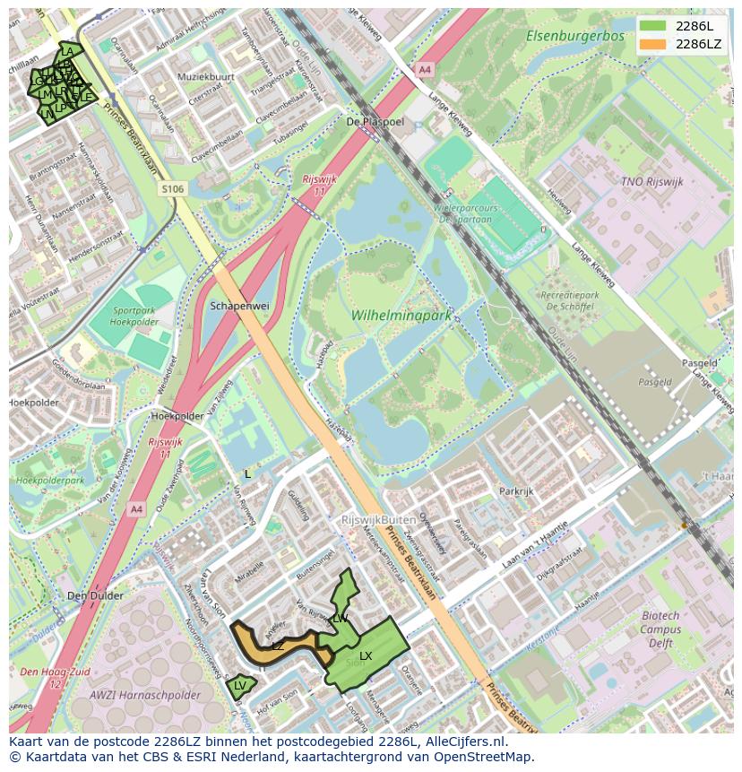 Afbeelding van het postcodegebied 2286 LZ op de kaart.