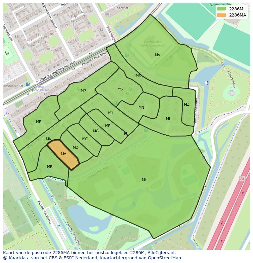 Afbeelding van het postcodegebied 2286 MA op de kaart.