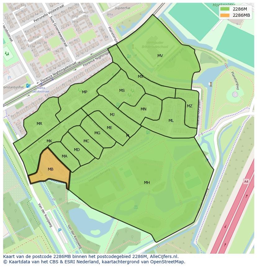 Afbeelding van het postcodegebied 2286 MB op de kaart.