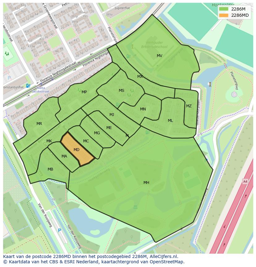 Afbeelding van het postcodegebied 2286 MD op de kaart.