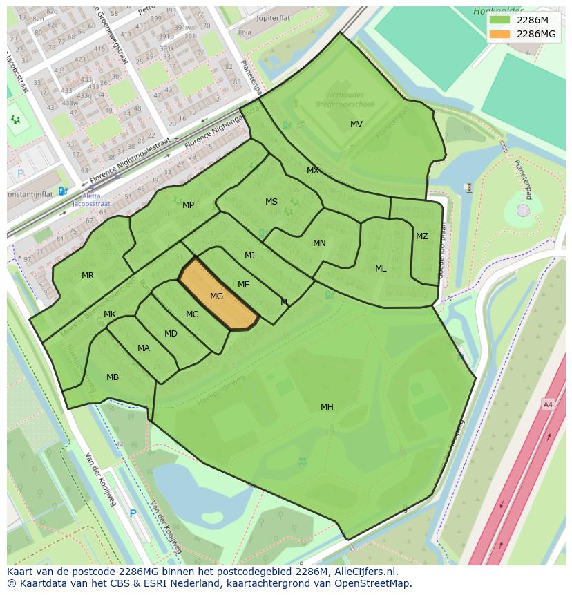 Afbeelding van het postcodegebied 2286 MG op de kaart.