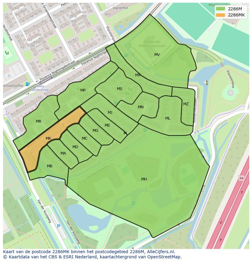 Afbeelding van het postcodegebied 2286 MK op de kaart.