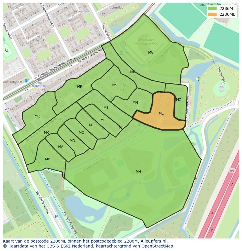 Afbeelding van het postcodegebied 2286 ML op de kaart.