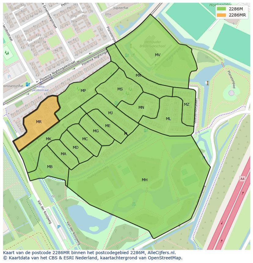 Afbeelding van het postcodegebied 2286 MR op de kaart.
