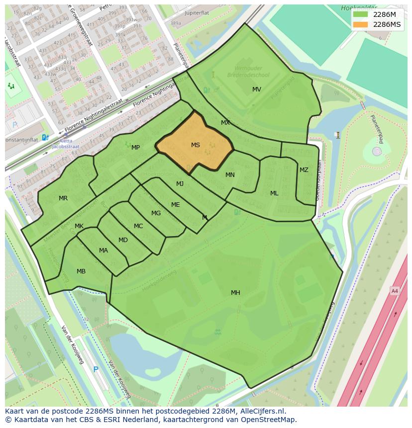 Afbeelding van het postcodegebied 2286 MS op de kaart.