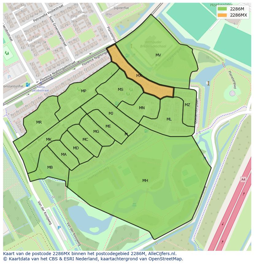 Afbeelding van het postcodegebied 2286 MX op de kaart.