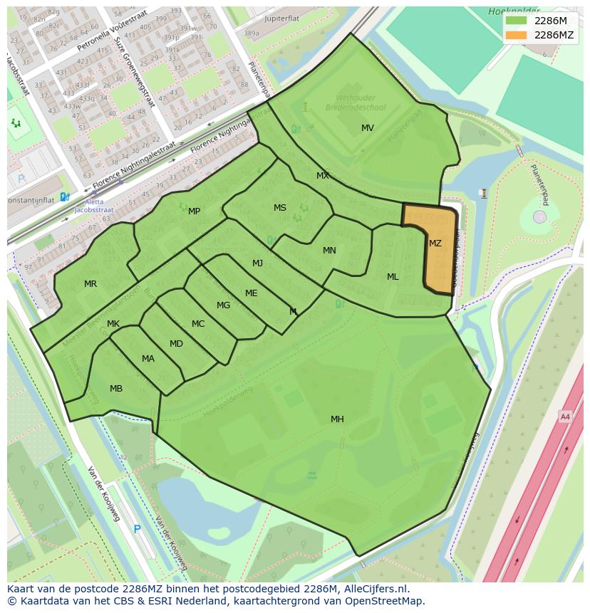 Afbeelding van het postcodegebied 2286 MZ op de kaart.