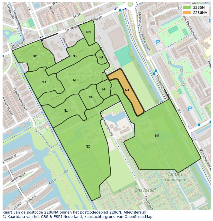 Afbeelding van het postcodegebied 2286 NA op de kaart.