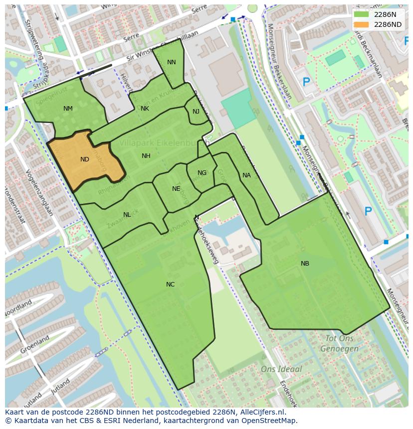 Afbeelding van het postcodegebied 2286 ND op de kaart.