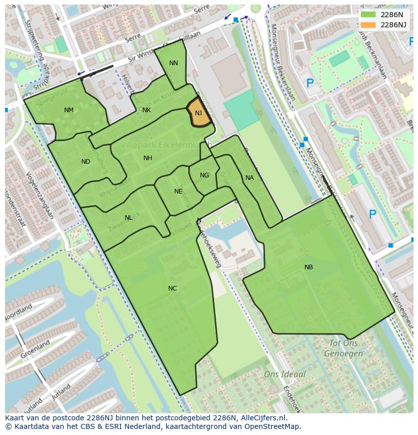 Afbeelding van het postcodegebied 2286 NJ op de kaart.