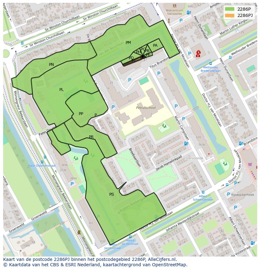 Afbeelding van het postcodegebied 2286 PJ op de kaart.