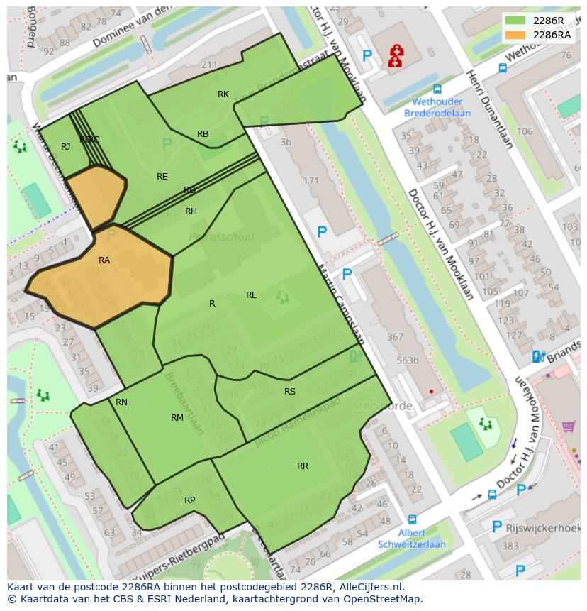 Afbeelding van het postcodegebied 2286 RA op de kaart.