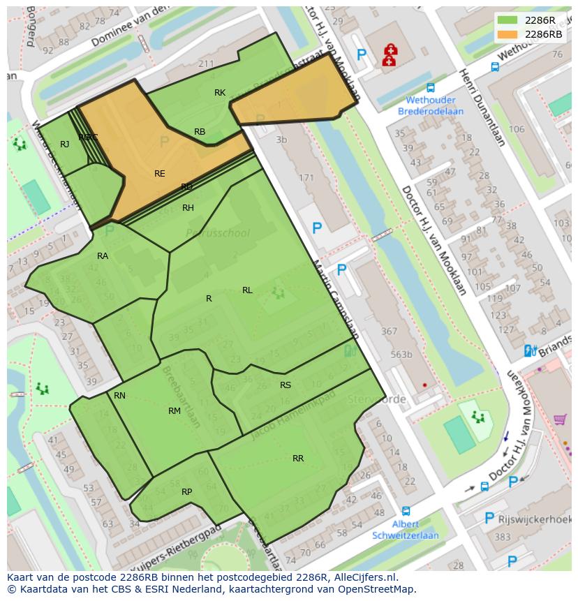 Afbeelding van het postcodegebied 2286 RB op de kaart.
