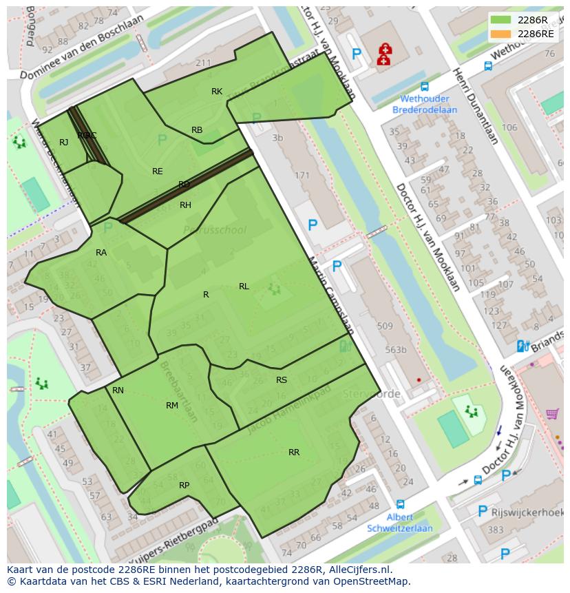 Afbeelding van het postcodegebied 2286 RE op de kaart.