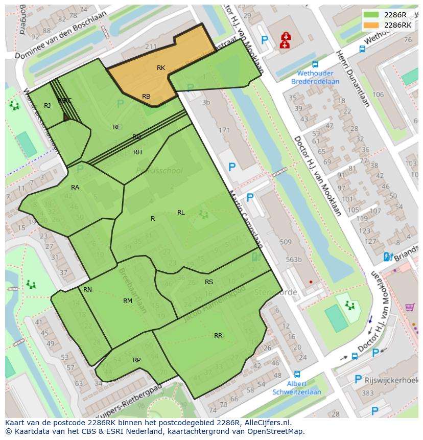 Afbeelding van het postcodegebied 2286 RK op de kaart.