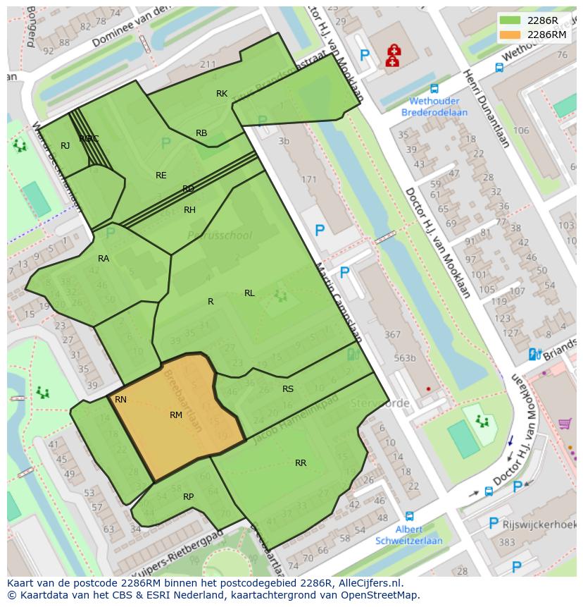 Afbeelding van het postcodegebied 2286 RM op de kaart.