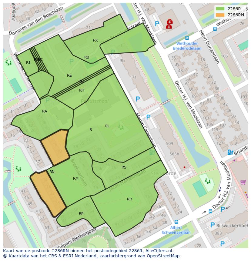 Afbeelding van het postcodegebied 2286 RN op de kaart.