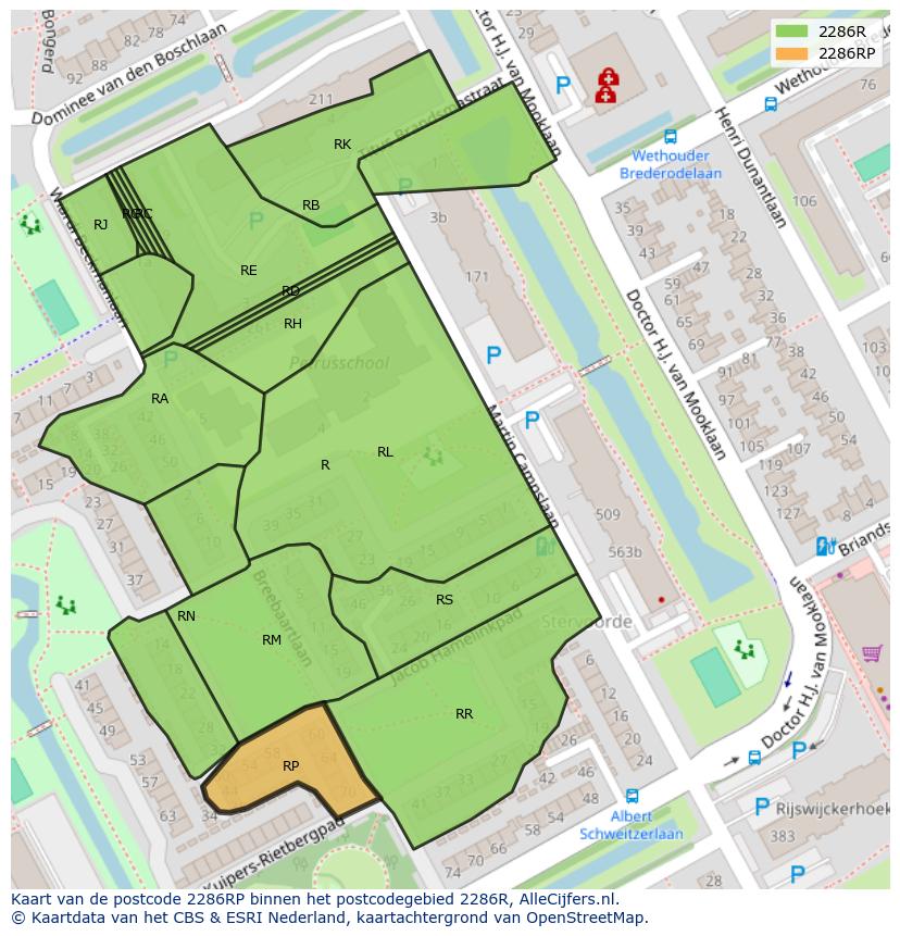 Afbeelding van het postcodegebied 2286 RP op de kaart.