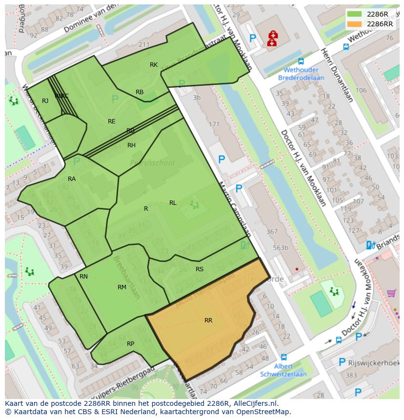 Afbeelding van het postcodegebied 2286 RR op de kaart.