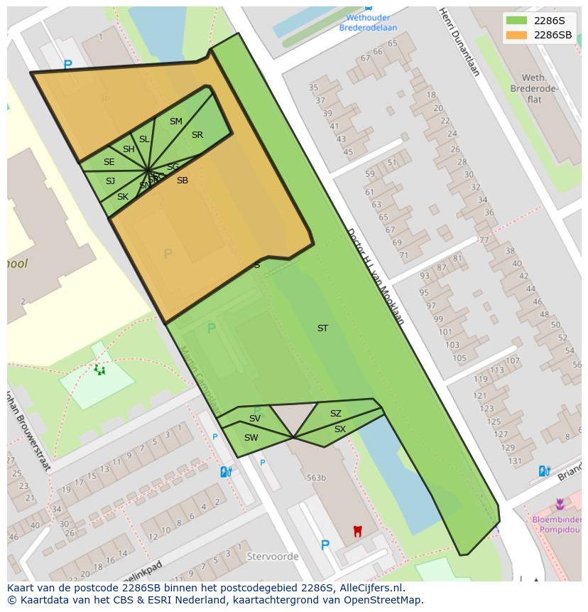 Afbeelding van het postcodegebied 2286 SB op de kaart.