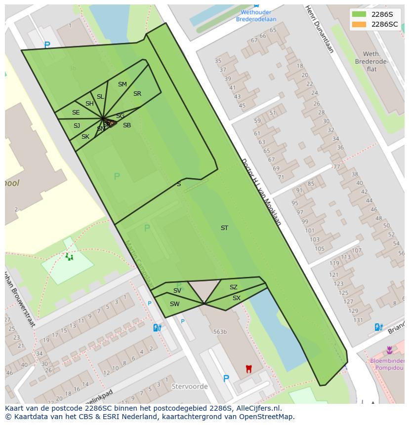 Afbeelding van het postcodegebied 2286 SC op de kaart.