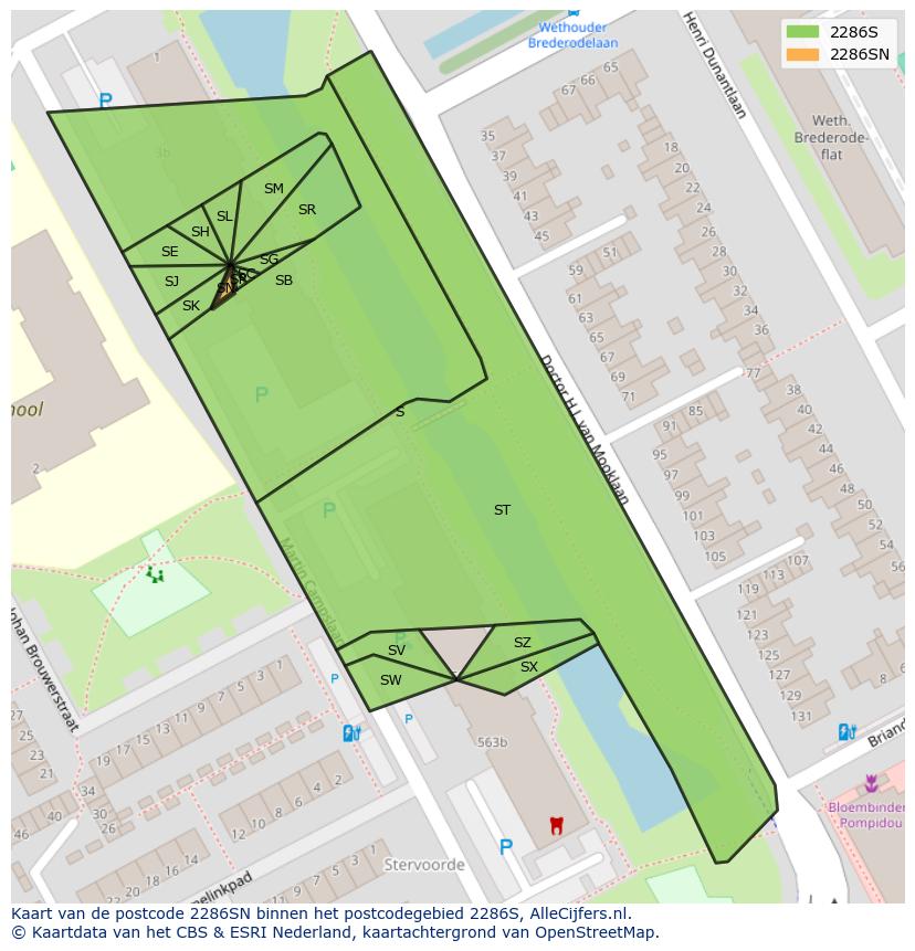 Afbeelding van het postcodegebied 2286 SN op de kaart.