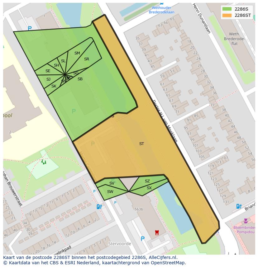 Afbeelding van het postcodegebied 2286 ST op de kaart.