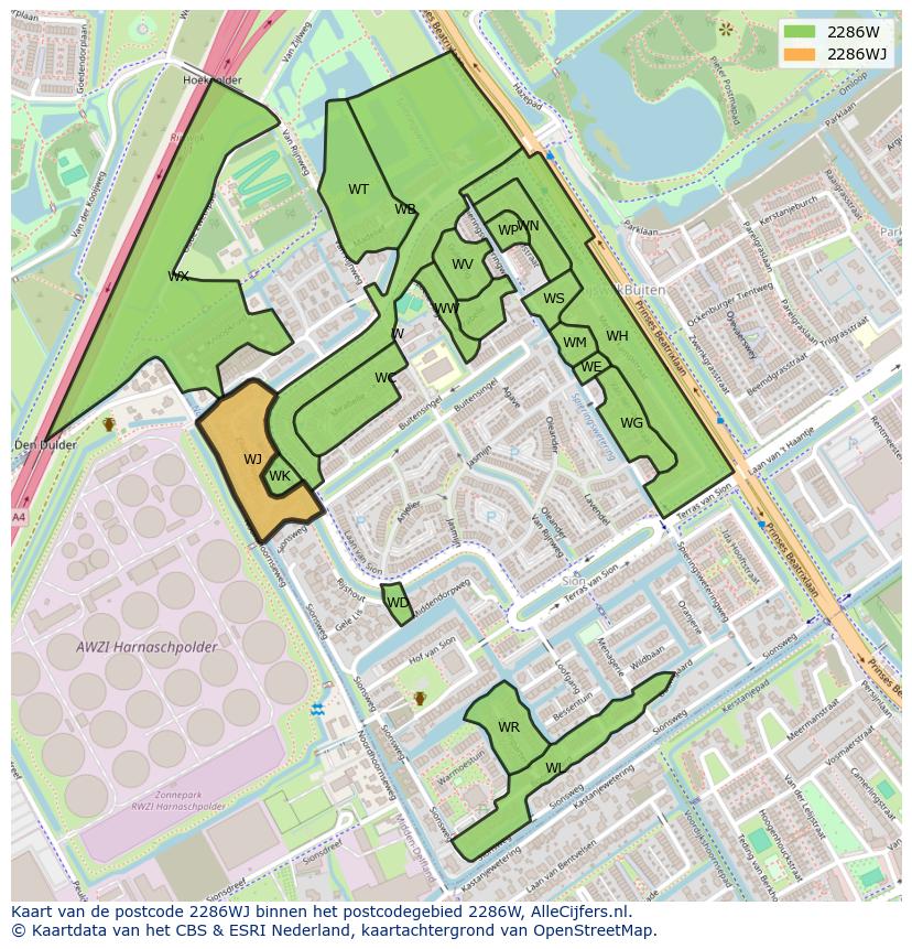 Afbeelding van het postcodegebied 2286 WJ op de kaart.