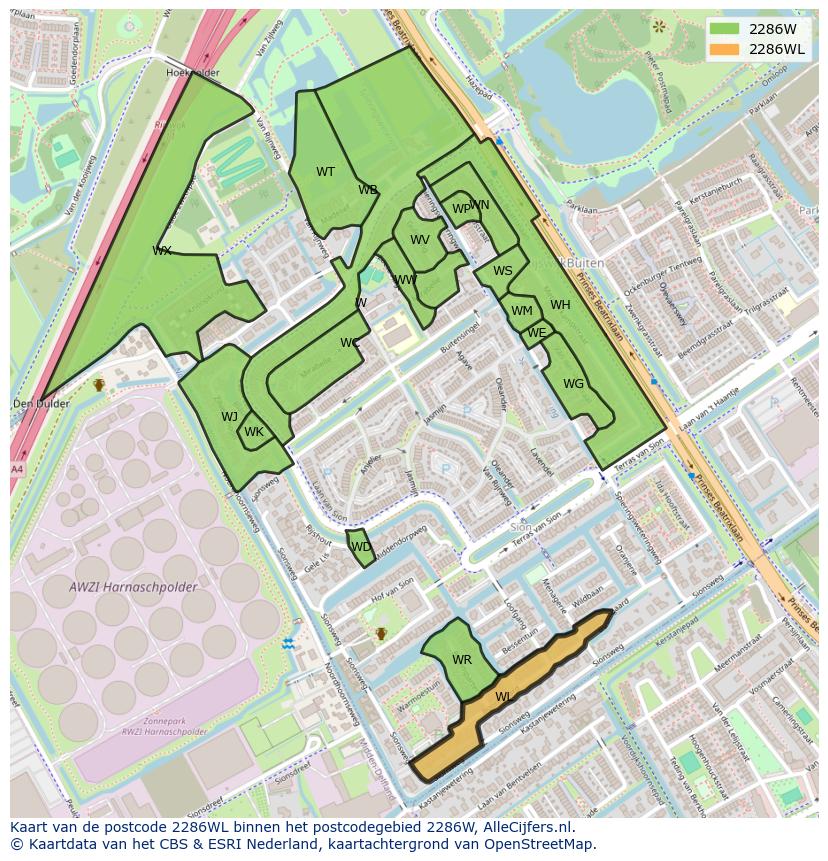 Afbeelding van het postcodegebied 2286 WL op de kaart.