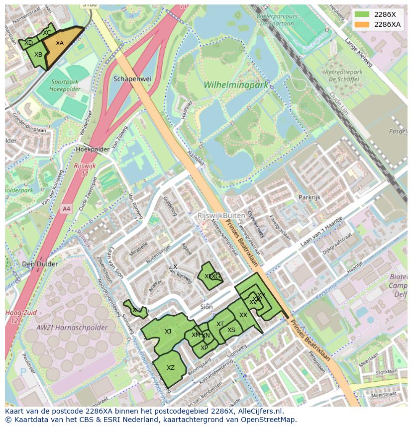 Afbeelding van het postcodegebied 2286 XA op de kaart.