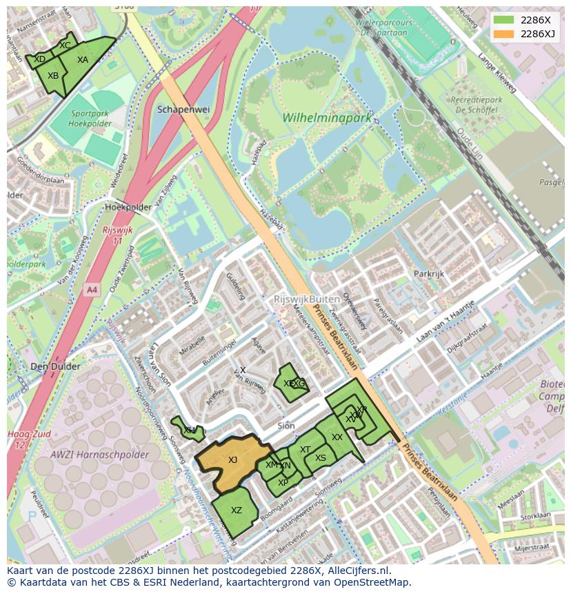 Afbeelding van het postcodegebied 2286 XJ op de kaart.