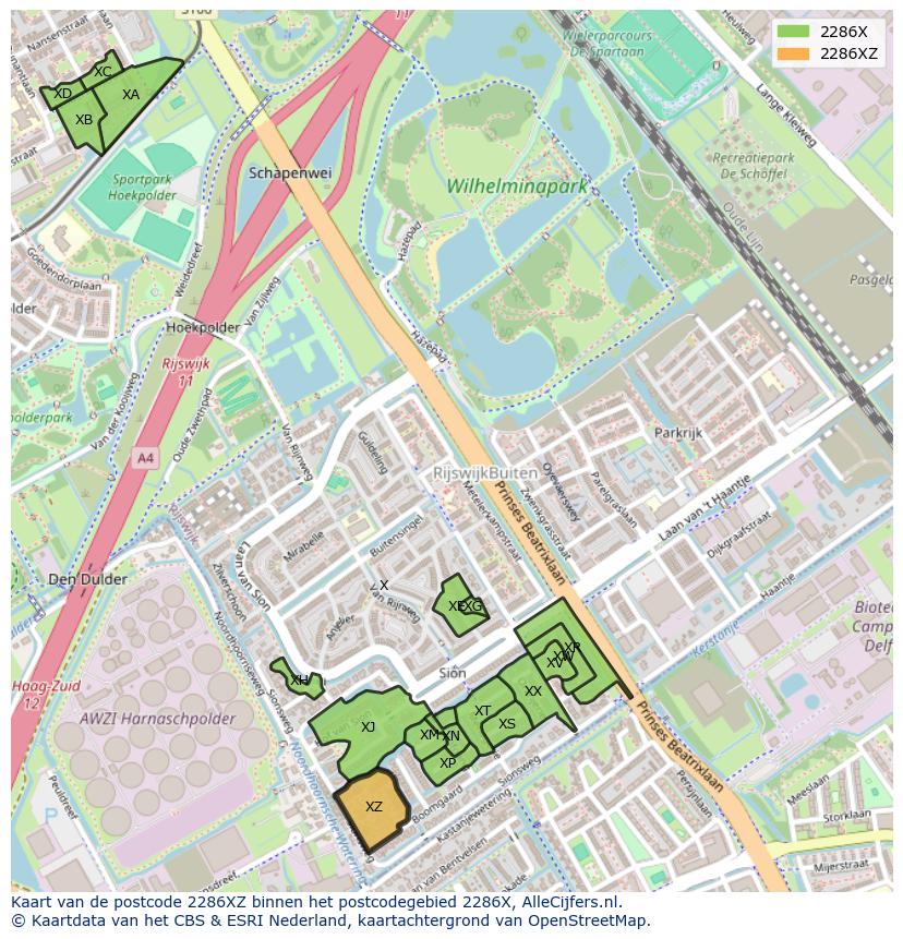 Afbeelding van het postcodegebied 2286 XZ op de kaart.