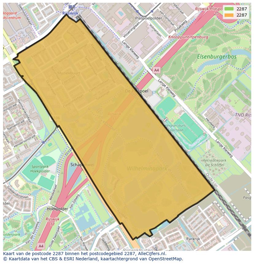 Afbeelding van het postcodegebied 2287 op de kaart.