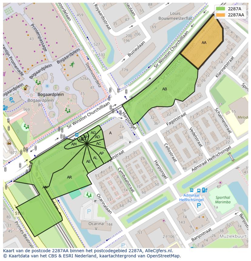 Afbeelding van het postcodegebied 2287 AA op de kaart.