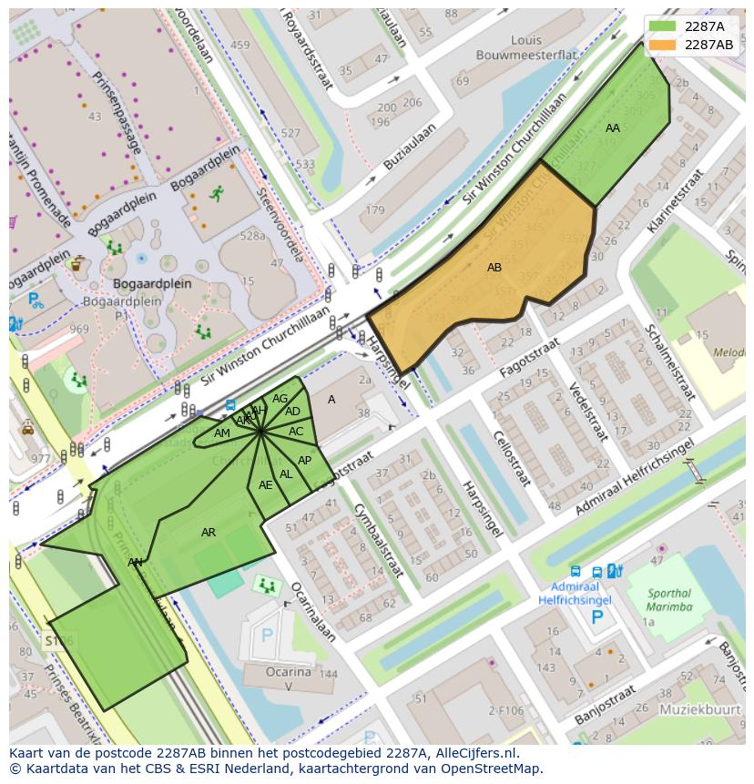 Afbeelding van het postcodegebied 2287 AB op de kaart.