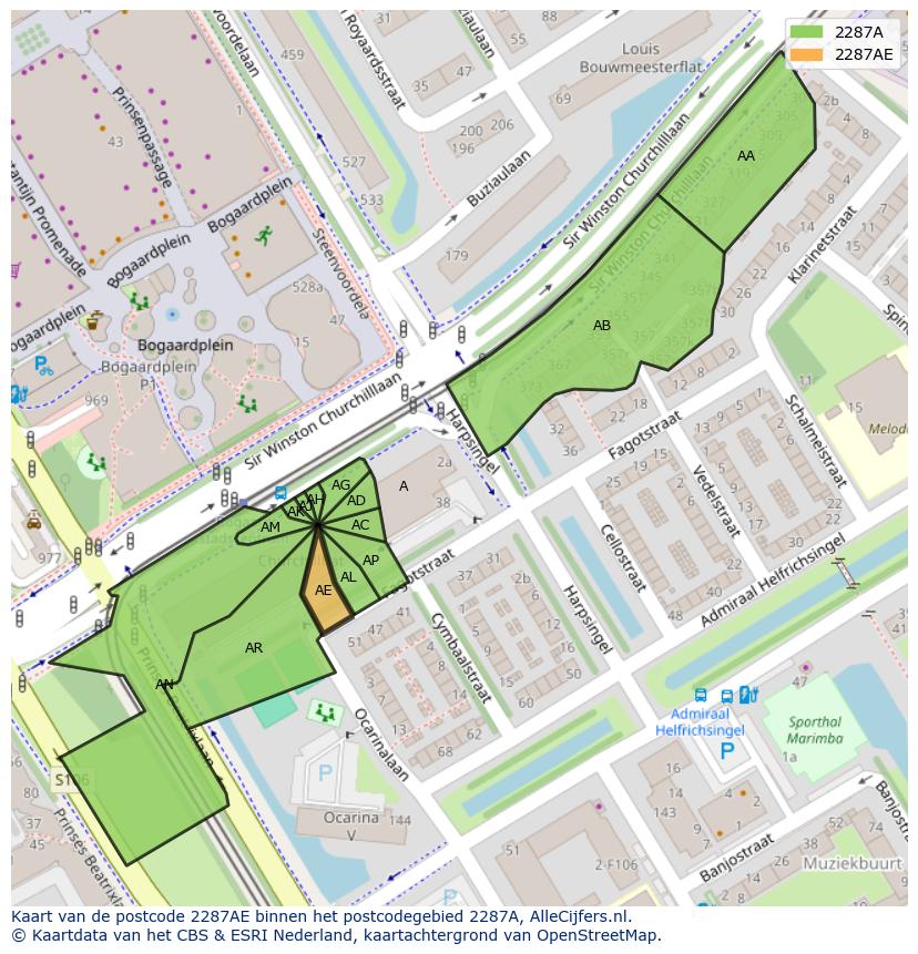 Afbeelding van het postcodegebied 2287 AE op de kaart.