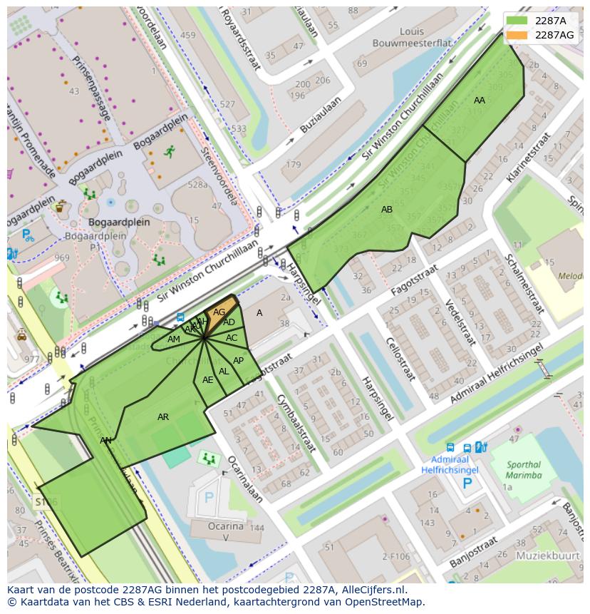 Afbeelding van het postcodegebied 2287 AG op de kaart.