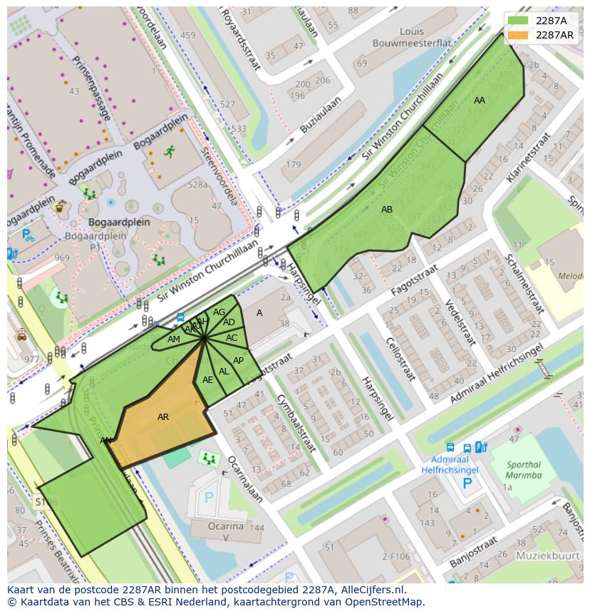 Afbeelding van het postcodegebied 2287 AR op de kaart.