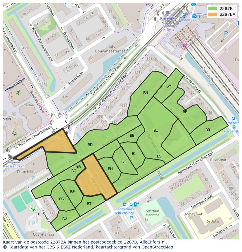 Afbeelding van het postcodegebied 2287 BA op de kaart.