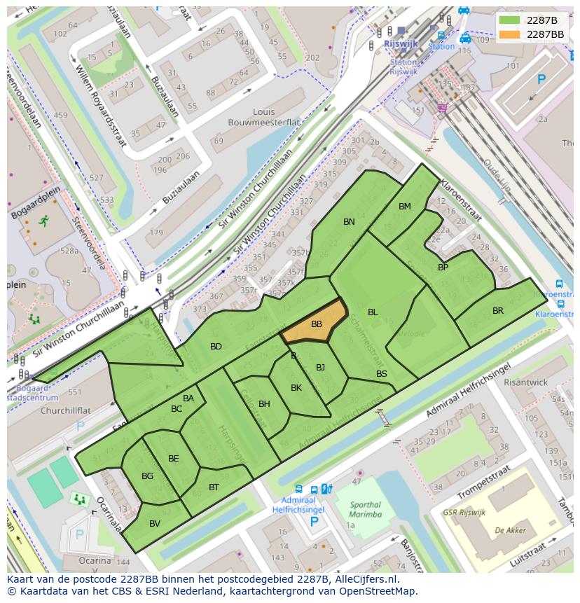 Afbeelding van het postcodegebied 2287 BB op de kaart.