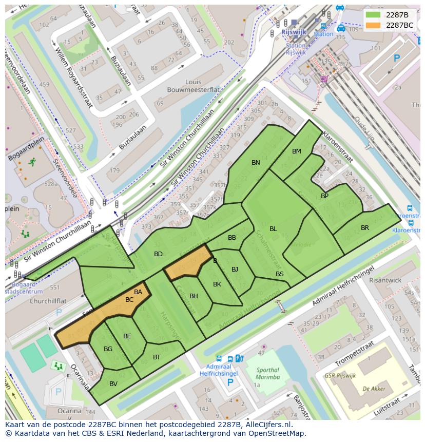 Afbeelding van het postcodegebied 2287 BC op de kaart.