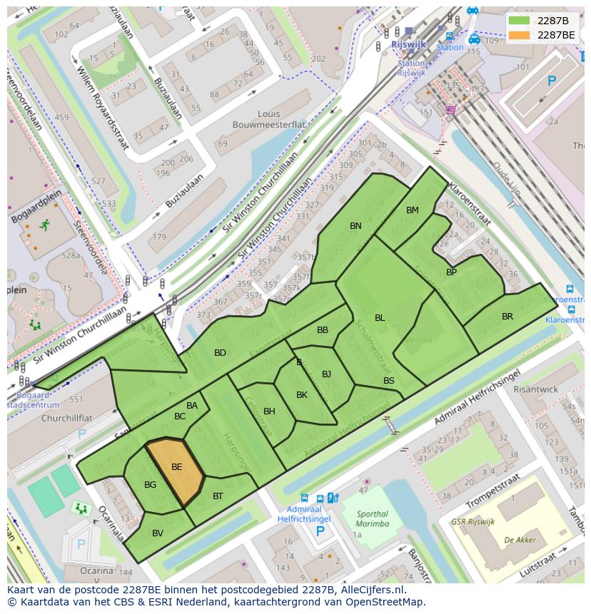 Afbeelding van het postcodegebied 2287 BE op de kaart.