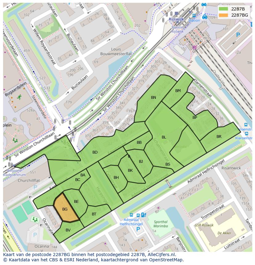 Afbeelding van het postcodegebied 2287 BG op de kaart.