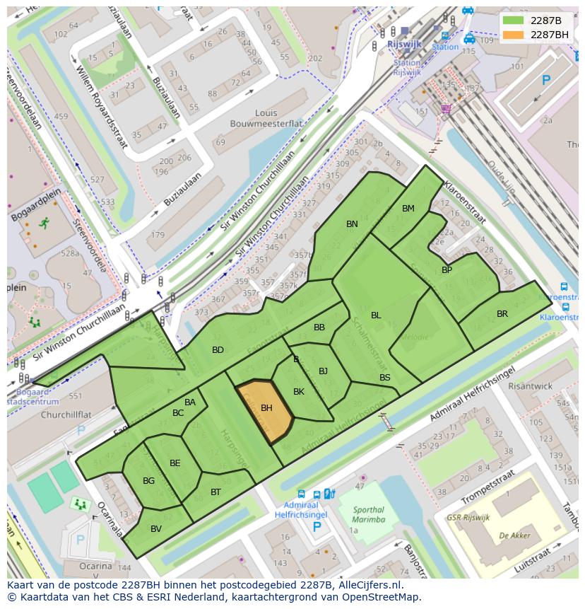 Afbeelding van het postcodegebied 2287 BH op de kaart.