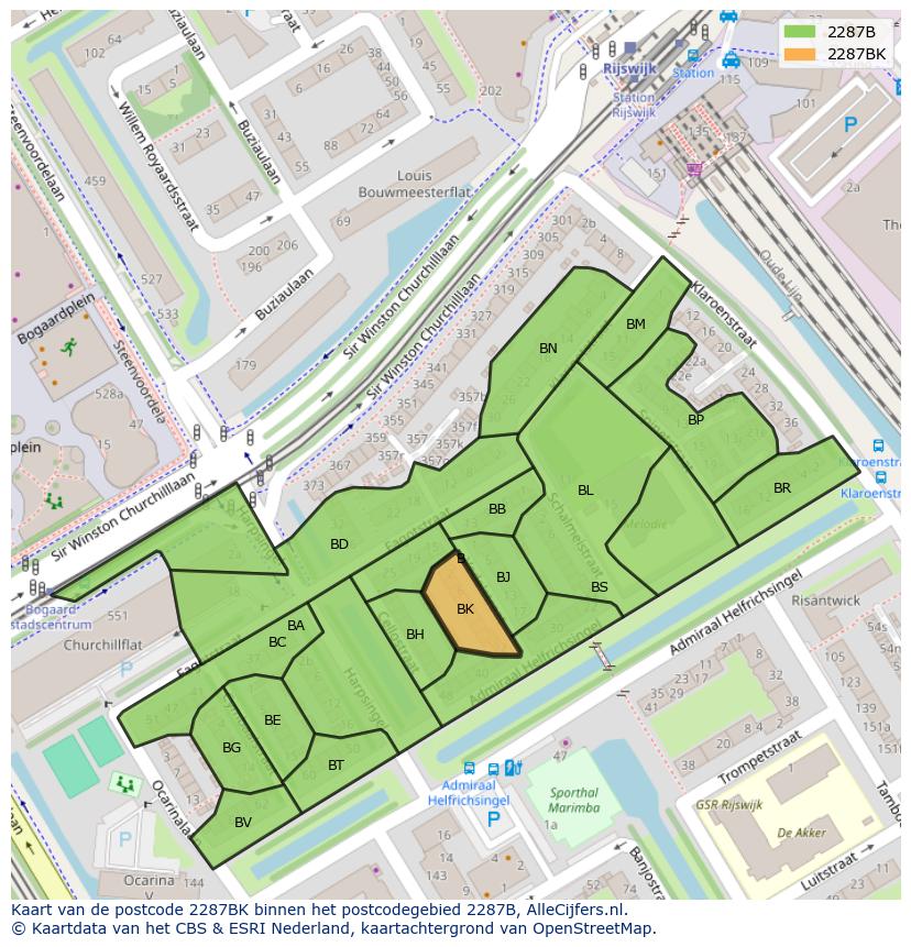Afbeelding van het postcodegebied 2287 BK op de kaart.