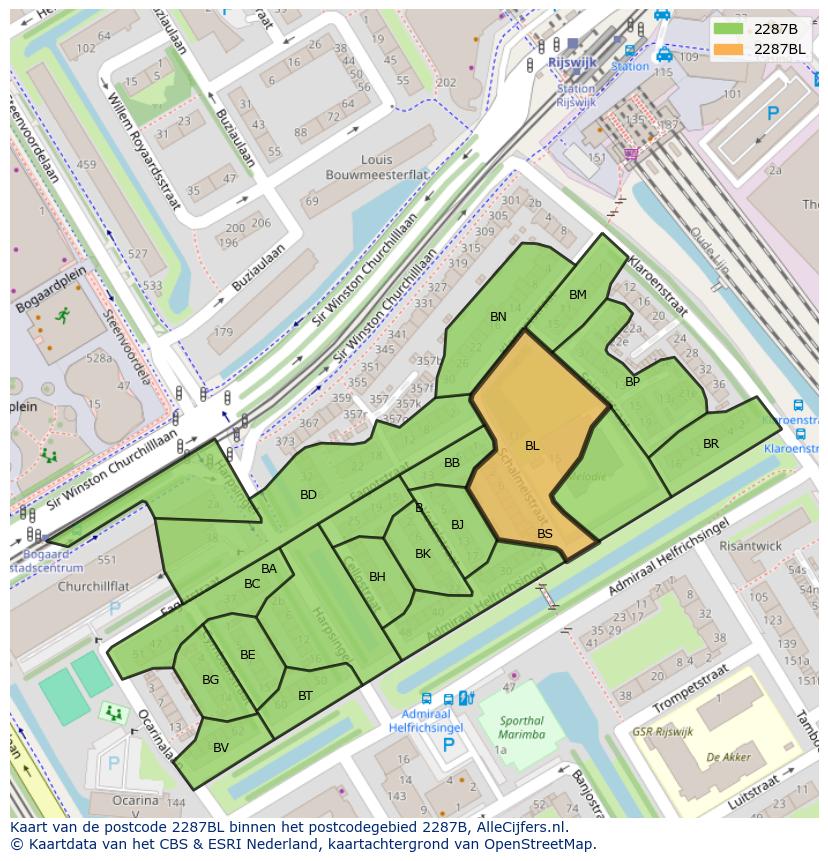 Afbeelding van het postcodegebied 2287 BL op de kaart.