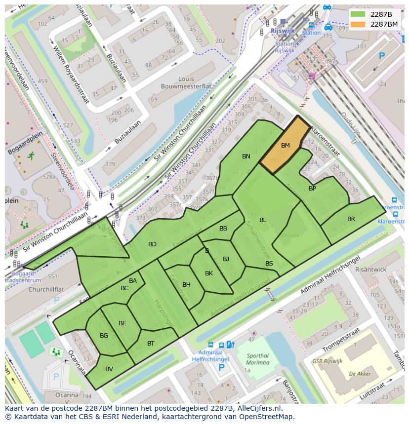 Afbeelding van het postcodegebied 2287 BM op de kaart.