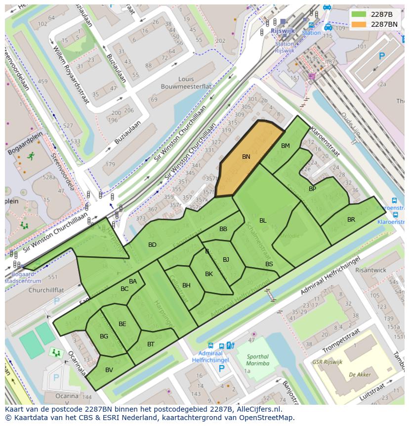 Afbeelding van het postcodegebied 2287 BN op de kaart.
