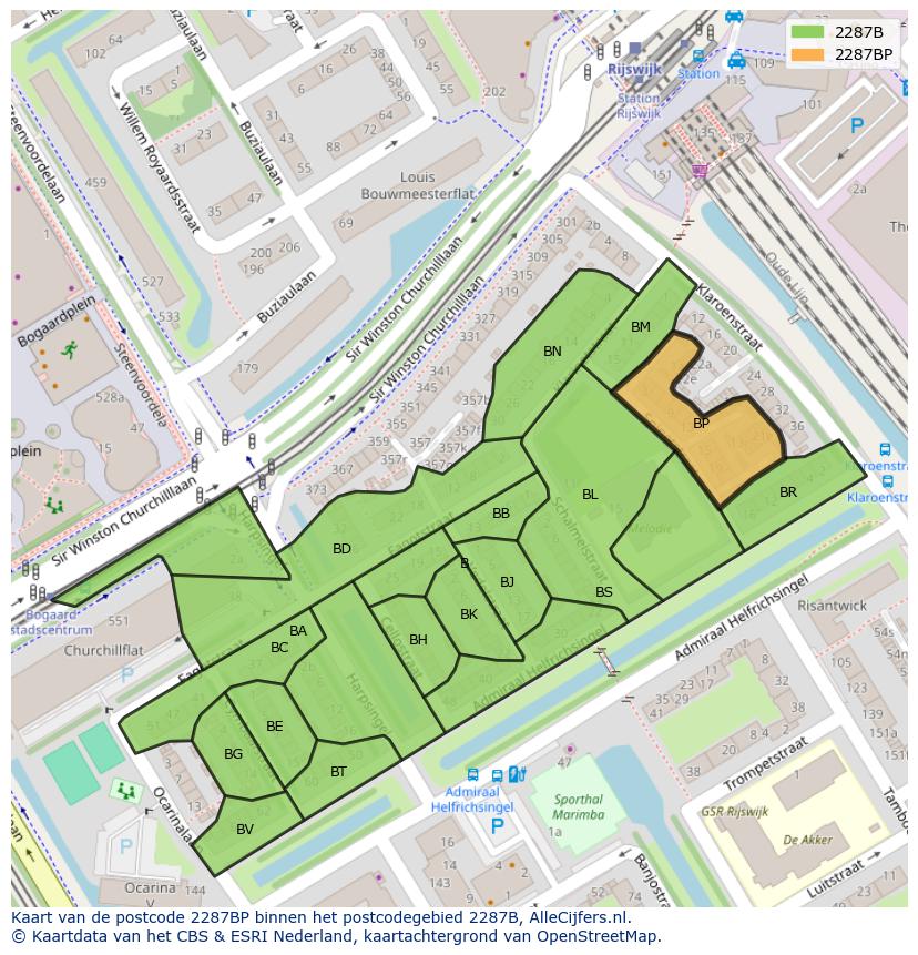 Afbeelding van het postcodegebied 2287 BP op de kaart.